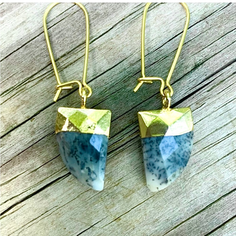 Dendritic Opal Gold leaf Horn. 10k gold plt. Earrings. Handmade